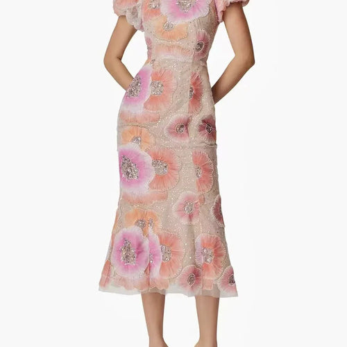 Load image into Gallery viewer, Hit Color Printing Spliced Bead Dresses for Women Round Neck Short Sleeves High Waist Temperament Long Dress Female
