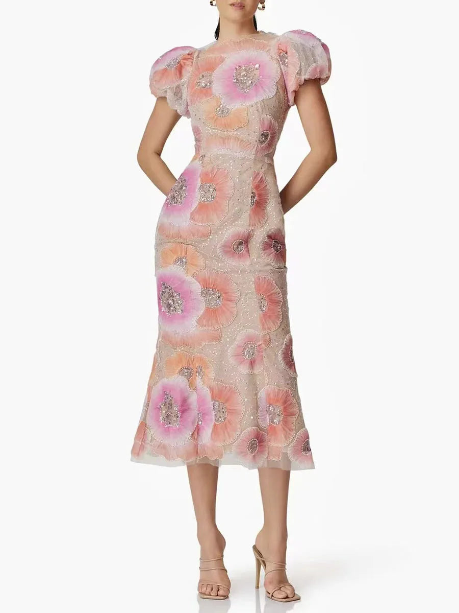 Hit Color Printing Spliced Bead Dresses for Women Round Neck Short Sleeves High Waist Temperament Long Dress Female