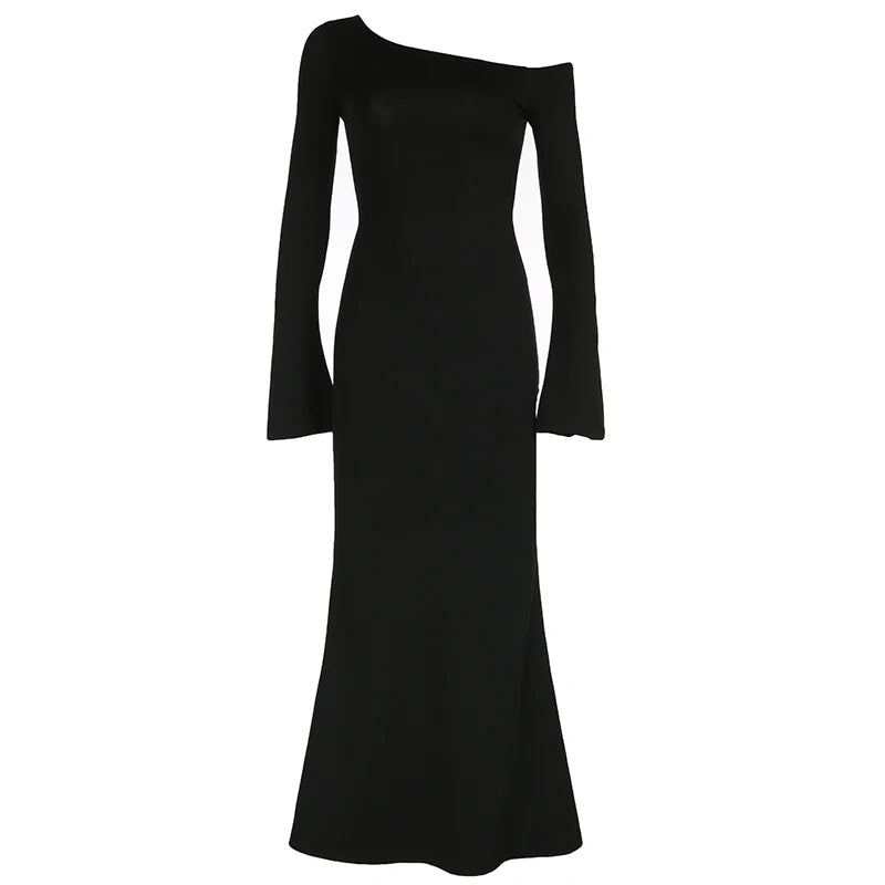 Elegant Black Skew Collar Long Dress For Women Slim Flare Sleeve Autumn Dress Basic Gentle Matrue Outfits Korean 2025