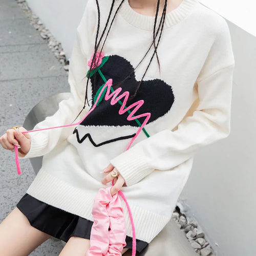 Load image into Gallery viewer, Harajuku Love Pattern Knitted Pullover Sweater Women Rose Embroidery Hotsweet Loose Oversized Jumper Cute Tops  C-189
