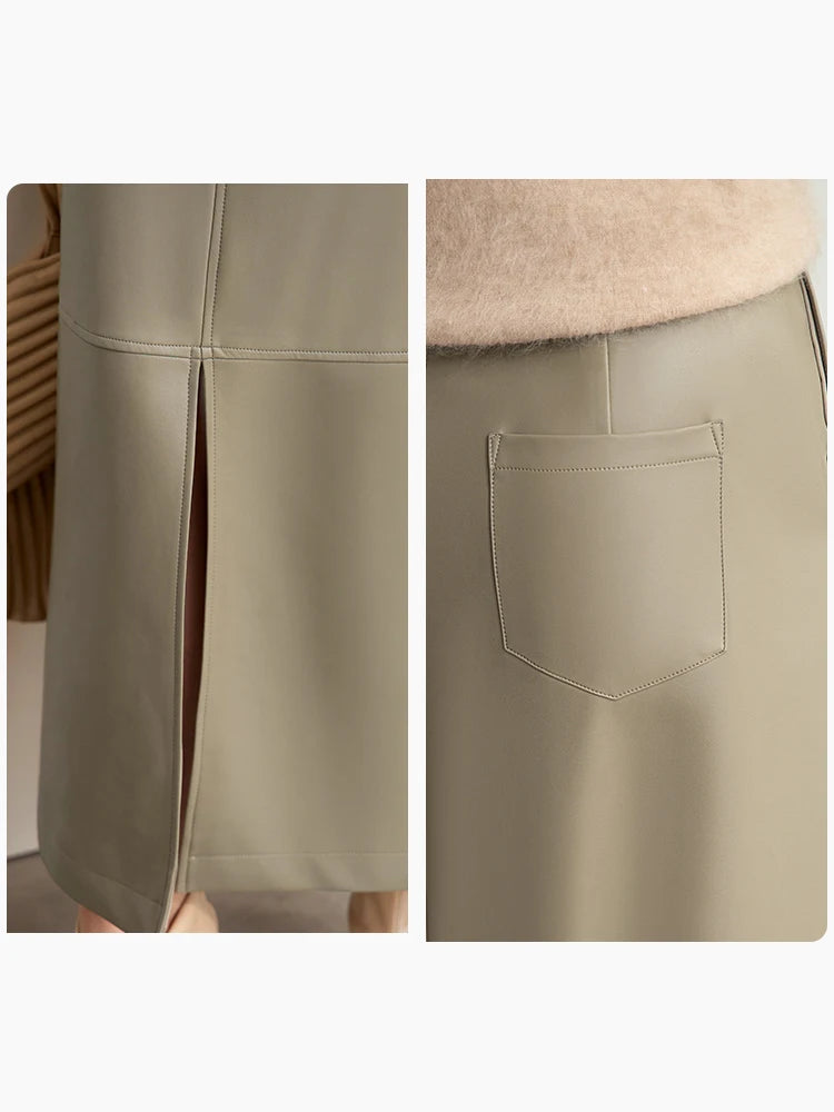 Minimalist Women's Retro Leather Skirts Eco-friendly PU Split A-line Female 2024 Winter Simple Commuter Clothing 12444182