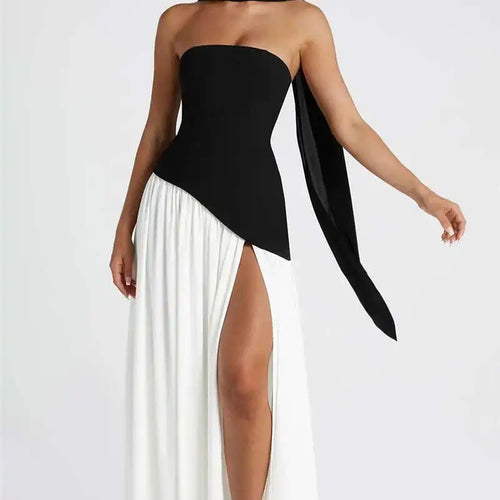 Load image into Gallery viewer, Strapless Off-shoulder Sexy Maxi Dress For Women Gown Patchwork Scarf Collar Thigh High Split Club Party Long Dress
