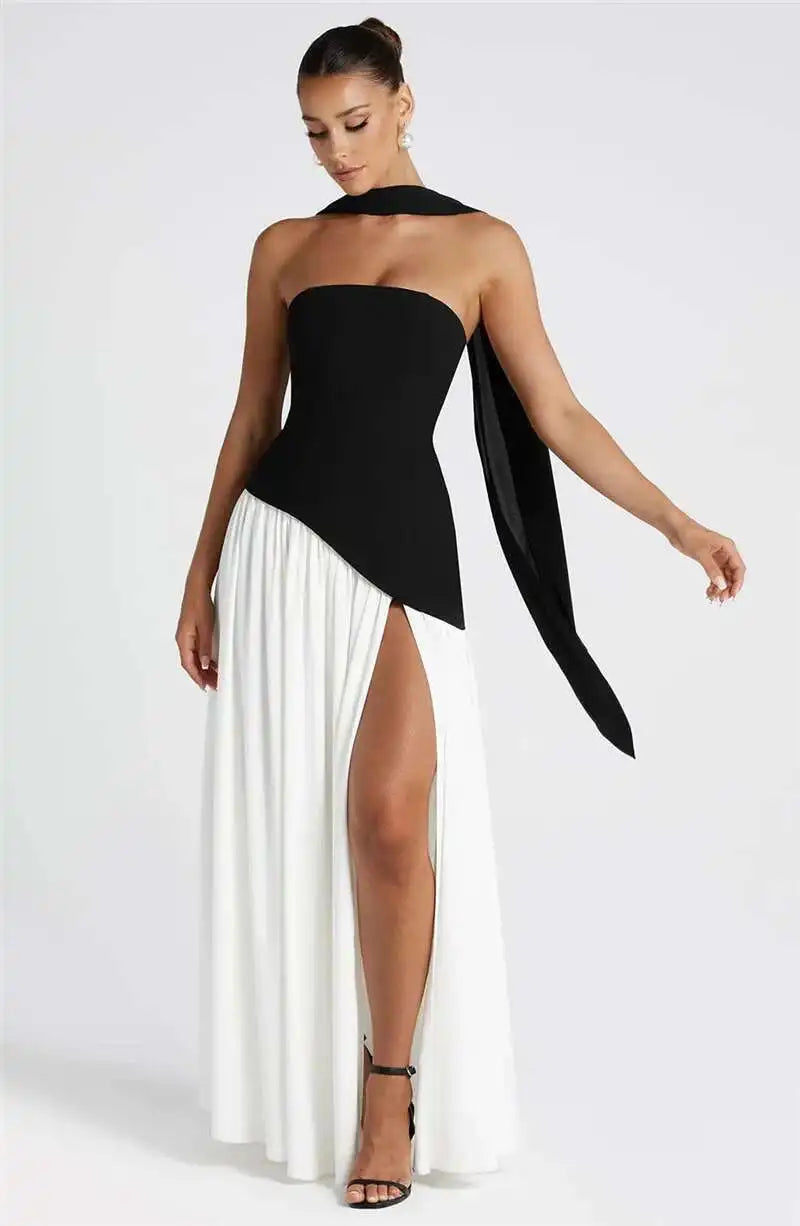 Strapless Off-shoulder Sexy Maxi Dress For Women Gown Patchwork Scarf Collar Thigh High Split Club Party Long Dress