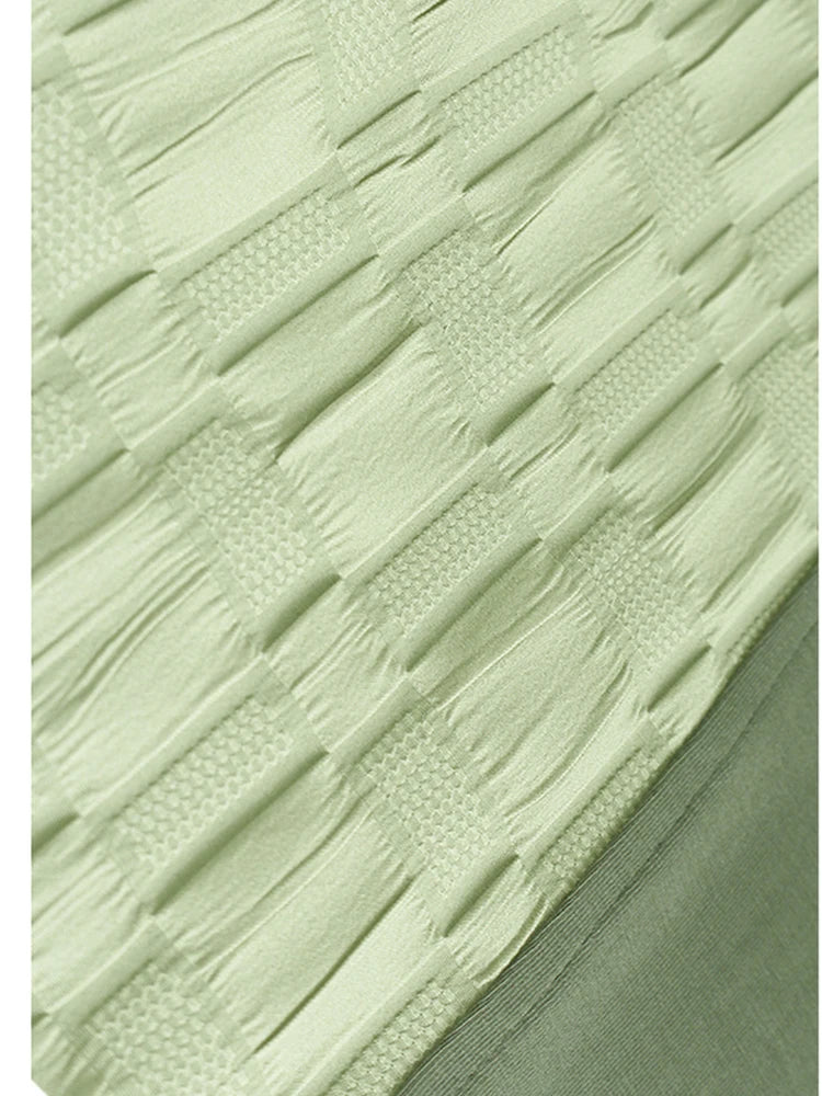 Women Green Plaid Color-block Zipper Big Size T-shirt New Round Neck Short Sleeve Fashion Tide Spring Summer 2025 1DJ0860