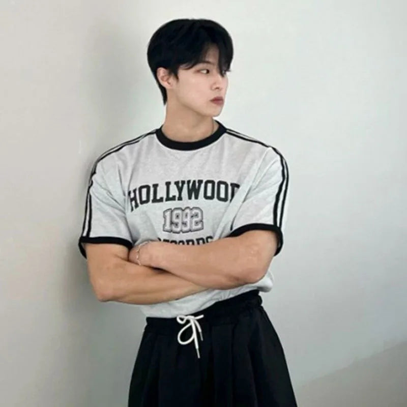 Men's Short Sleeve T-shirts New Summer Contrast Color Design Round Neck Fashion Loose Letter Print Korean Trendy Top 9W1627