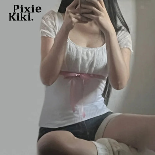 Load image into Gallery viewer, Lace Patchwork Square Neck Puff Sleeve T Shirt White Japanese 2000s Style Y2k Summer Tops Coquette Clothes P84-BH12
