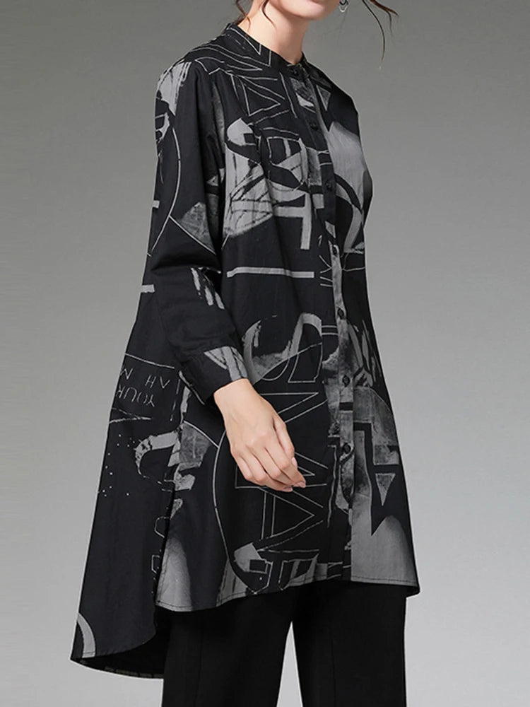 Women Red Pattern Printed Big Size Blouse New Stand Collar Long Sleeve Shirt Fashion Tide Spring Autumn 2025 1DJ1507