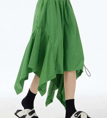 High Elastic Waist Green Irregular Hem Drawstring Half-body Skirt Women Fashion Tide New Spring Autumn 2025 1DH6545