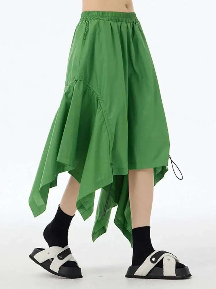 High Elastic Waist Green Irregular Hem Drawstring Half-body Skirt Women Fashion Tide New Spring Autumn 2025 1DH6545