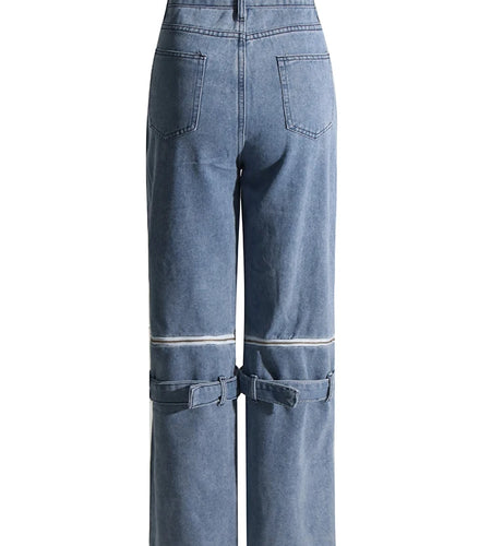 Solid Patchwork Zippers Designer Denim Pants For Women High Waist Loose Casual Straght Leg Jeans Female Fashion