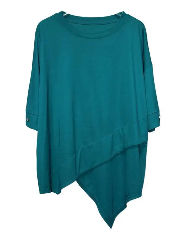 Women Black Irregular Hem Big Size Casual T-shirt New Round Neck Short Sleeve Fashion Tide Spring Summer 2025 1DJ0618