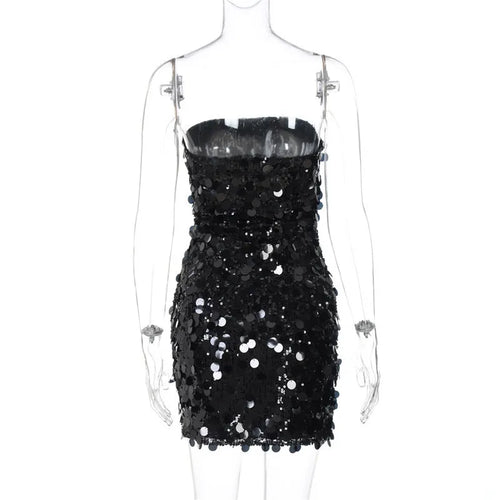Load image into Gallery viewer, Sequins Strapless Backless Sexy Mini Dress For Women Robe Fashion Off-shoulder Sleeveless Sparkle Shiny Club Dress
