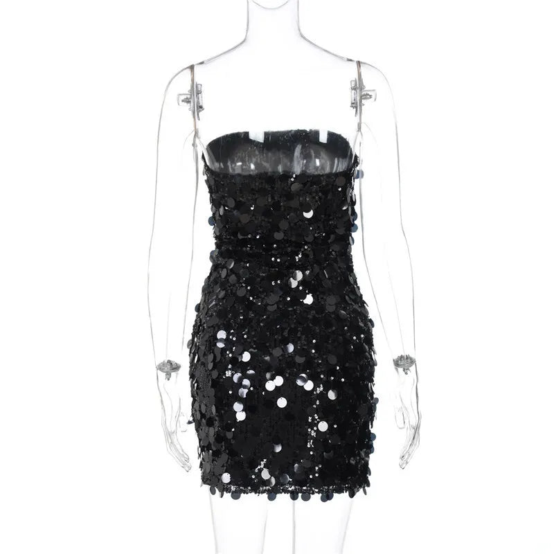 Sequins Strapless Backless Sexy Mini Dress For Women Robe Fashion Off-shoulder Sleeveless Sparkle Shiny Club Dress