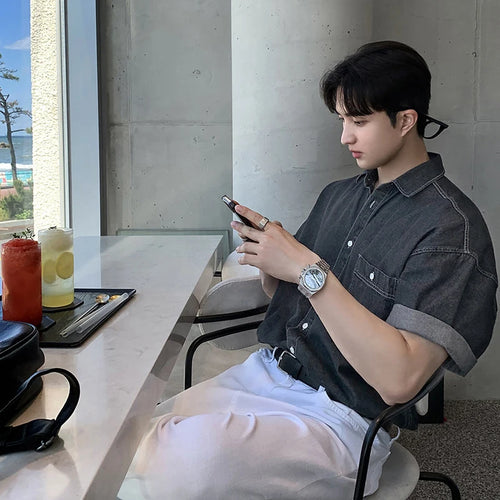 Load image into Gallery viewer, Men's Shirts Short Sleeve New Korean Simple Denim Top Casual Turn-down Collar Single Breasted Tredny Male Clothing 9W1821
