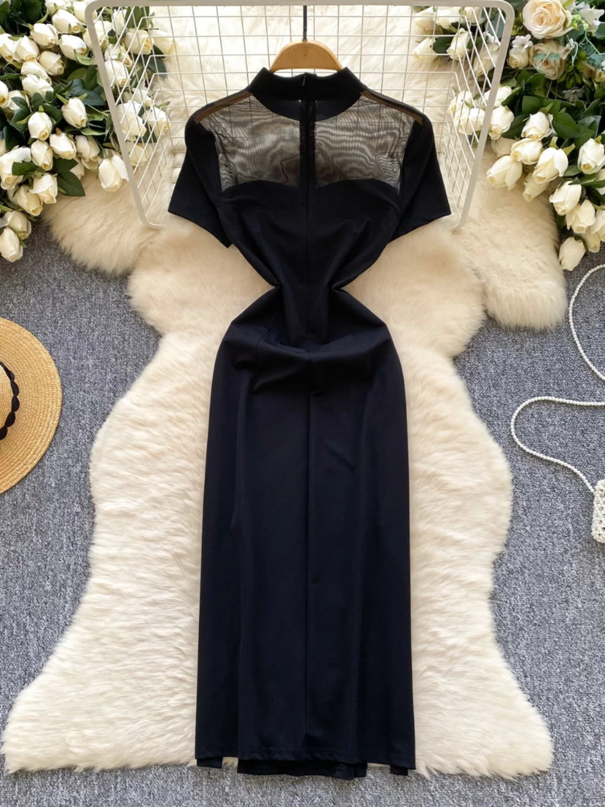 French Retro 2025 Summer New Black Patchwork Mesh Elegant Short Sleeves Dress Women Chinese Style Slim Evening Party Split Dress