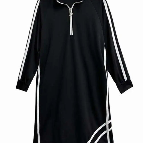 Load image into Gallery viewer, Women Black Striped Spliced Zipper Big Size Midi Dress New Turtleneck Long Sleeve Fashion Tide Spring Autumn 2025 1DH6819
