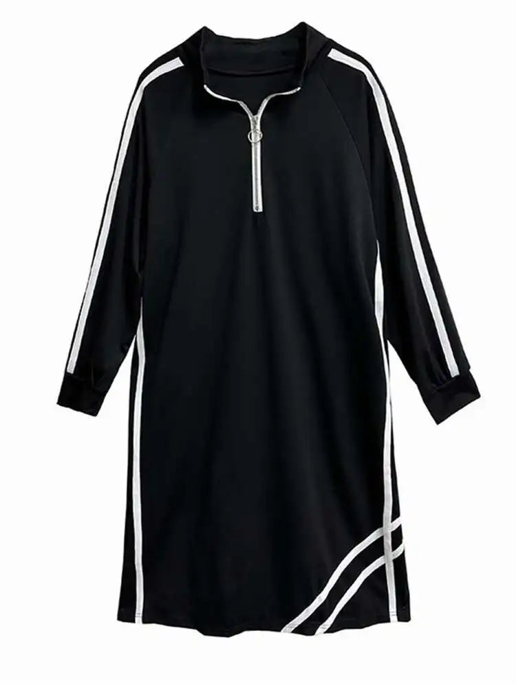 Women Black Striped Spliced Zipper Big Size Midi Dress New Turtleneck Long Sleeve Fashion Tide Spring Autumn 2025 1DH6819