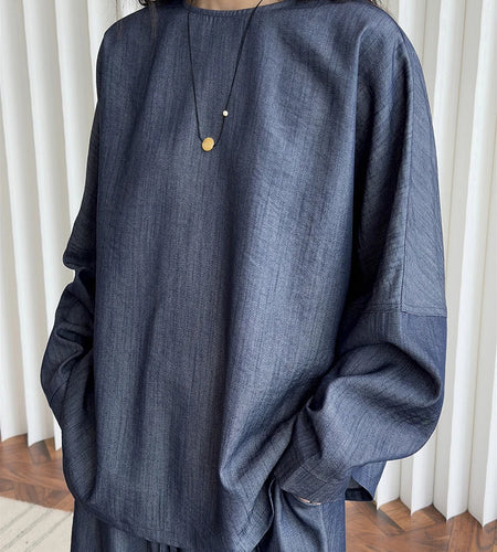 Women Blue Denim Elegant Big Size Casual Blouse New Round Neck Long Sleeve Shirt Fashion Tide Spring Autumn 2025 1DJ0162