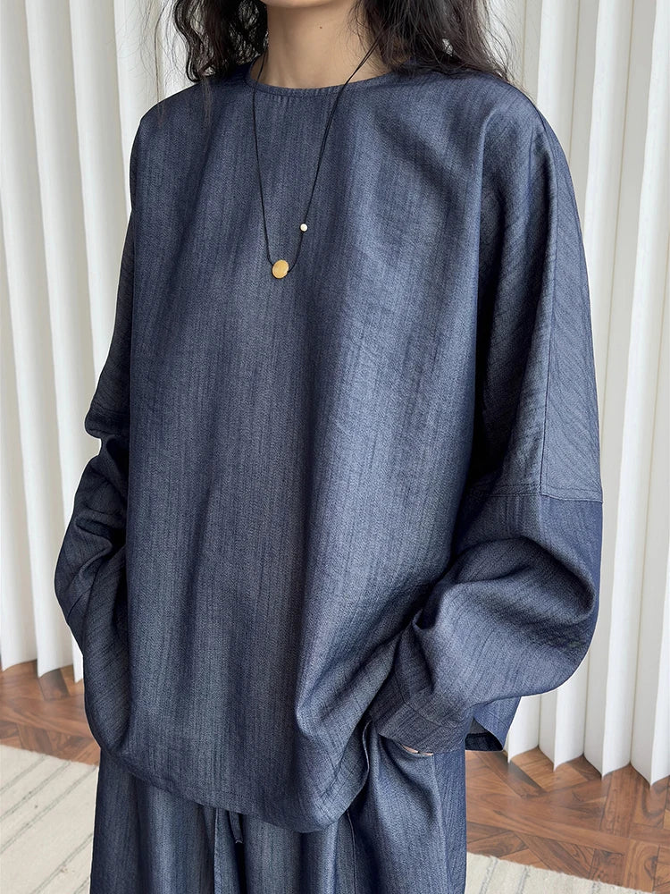 Women Blue Denim Elegant Big Size Casual Blouse New Round Neck Long Sleeve Shirt Fashion Tide Spring Autumn 2025 1DJ0162