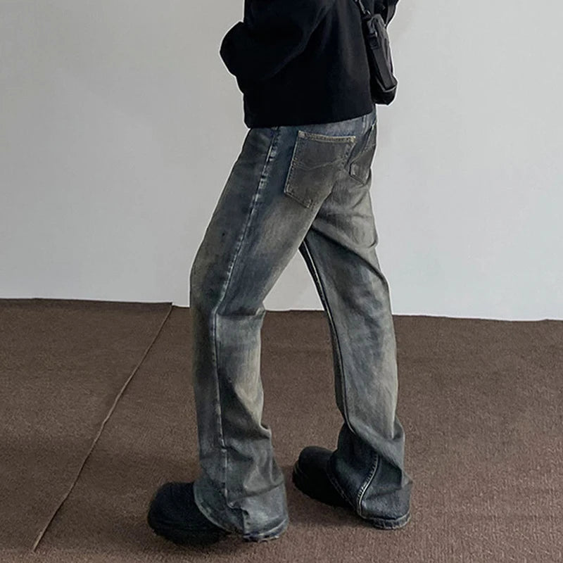 Men's Jeans New American Style High Street Washed Splashed Ink Denim Pants Male Straight Leg Slim Flared Trousers 9W1480