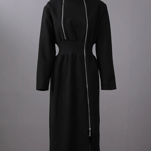 Load image into Gallery viewer, Women Black Zipper Irregular Hem Slit Midi Dress New Turtleneck Long Sleeve Fashion Tide Spring Autumn 2025 1DH9354
