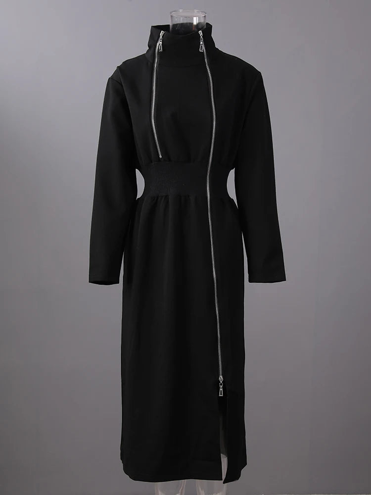 Women Black Zipper Irregular Hem Slit Midi Dress New Turtleneck Long Sleeve Fashion Tide Spring Autumn 2025 1DH9354
