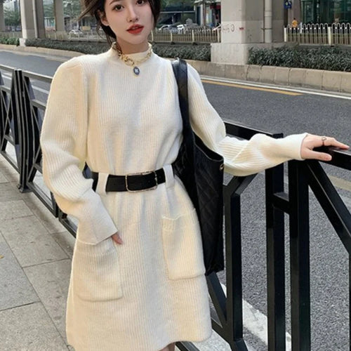 Load image into Gallery viewer, Knitted Knit Striped Sweater Dress Women Belt Korean Fashion Kpop Long Sleeve Mini Short Dresses Autumn Winter
