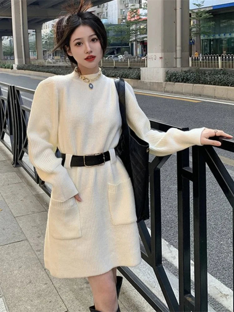 Knitted Knit Striped Sweater Dress Women Belt Korean Fashion Kpop Long Sleeve Mini Short Dresses Autumn Winter