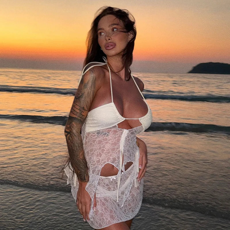 See Through Lace Hollow Out Sexy Two Piece Sets Women Halter Crop Tops And Mini Skirt Female Beach Club Skirt Sets