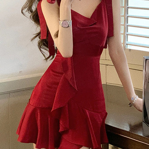 Load image into Gallery viewer, Red Ruffles Strapless High Waist Female Dress Swinging Neck Lace-up Solid Color Summer High Street Sweet Women&#39;s Dresses
