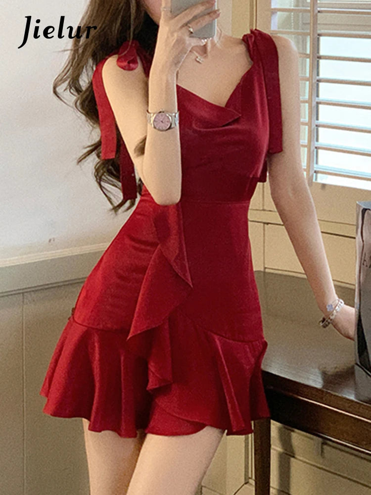 Red Ruffles Strapless High Waist Female Dress Swinging Neck Lace-up Solid Color Summer High Street Sweet Women's Dresses