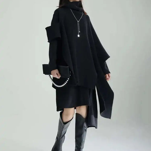 Load image into Gallery viewer, Women Gray Irregular Design Knitting Dress New Turtleneck Long Sleeve Loose Fit Fashion Tide Spring Autumn 2025 1DF2618
