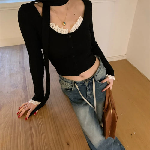Load image into Gallery viewer, Lace Patchwork Women Gentle Crop Cardigans Y2k Aesthetic Sweet Single Breasted Sweaters Streetwear Casual Slim Grunge Knitwear
