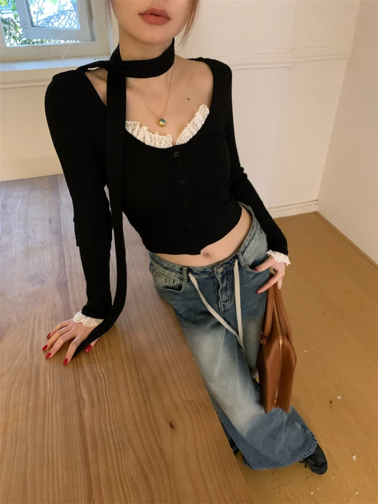Lace Patchwork Women Gentle Crop Cardigans Y2k Aesthetic Sweet Single Breasted Sweaters Streetwear Casual Slim Grunge Knitwear