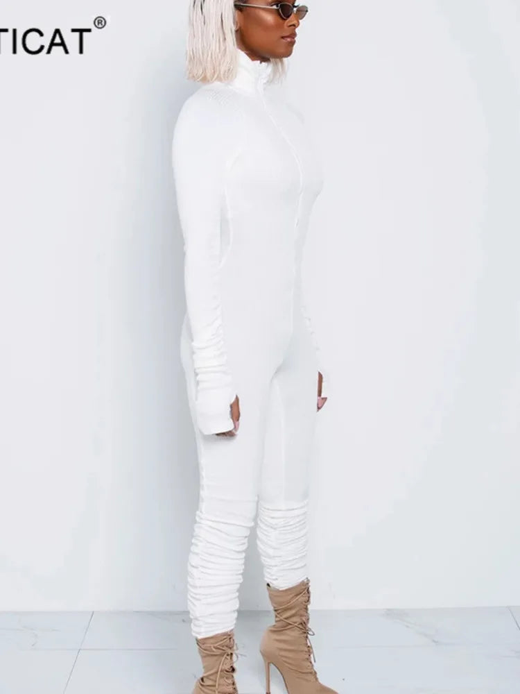 Turtleneck Zipper Skinny Jumpsuit Women Long Sleeve One Piece Neon Orange Bodysuit Female Running Fitness Outfits