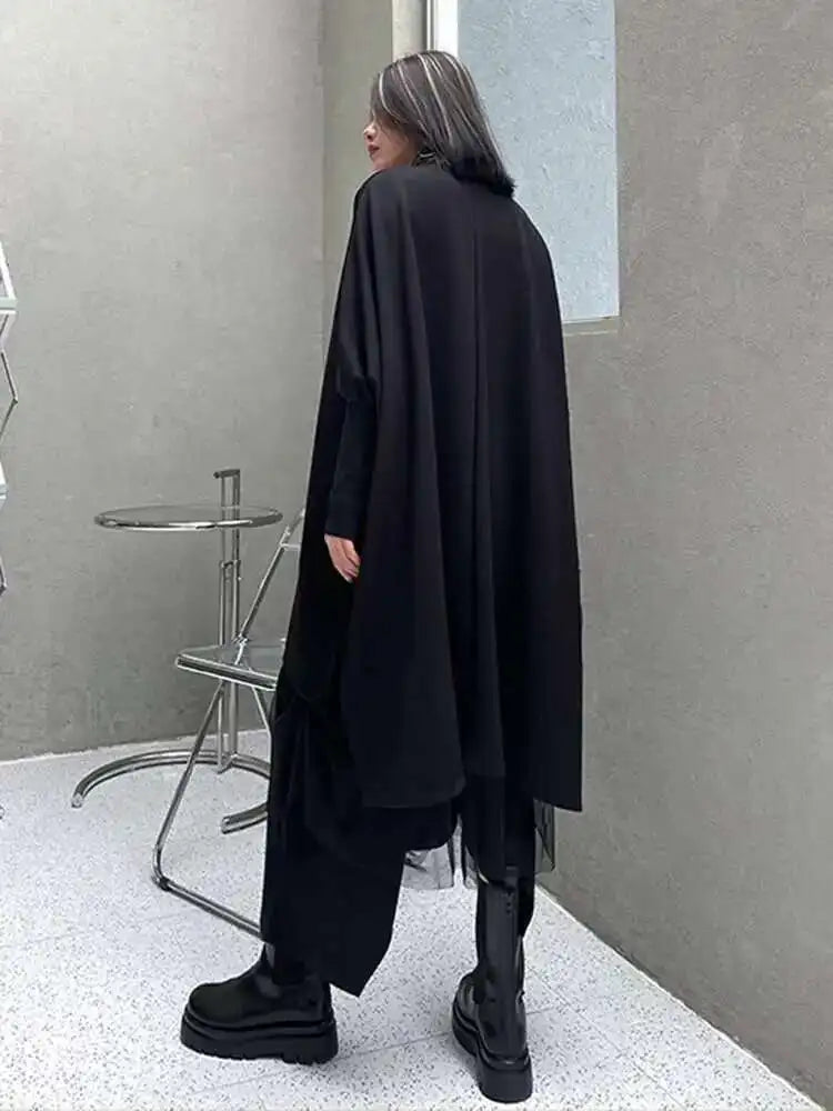 Women Black Irregular Big Size Long Blouse New Lapel Long Sleeve Loose Fit Shirt Fashion Tide Spring Autumn 2025 1DF0333