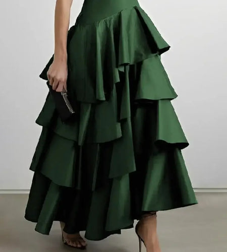 Women's Black Red Cotton Midi Skirts High Waist Multi-layered Ruffled Hem Skirt Urban Female Cocktail Party Wear Skirt