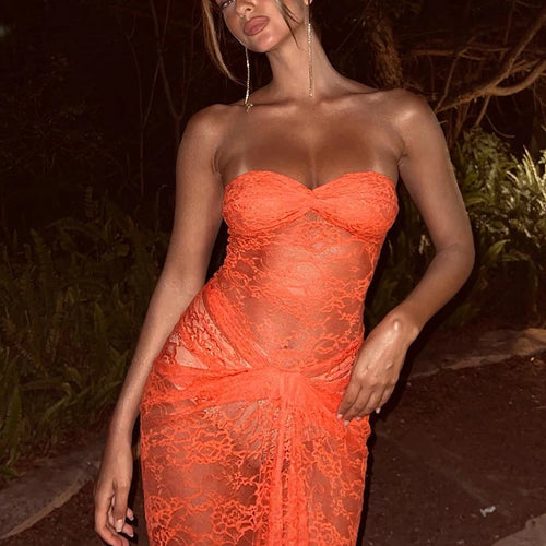 Load image into Gallery viewer, Sexy Lace Strapless Slim Fit Sheer Women's Dress Backless Folds Pleated Slim Fit Long Dress Elegant Party Club Clothing
