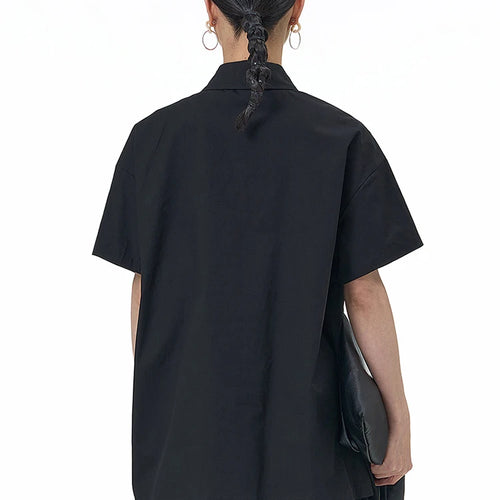 Load image into Gallery viewer, Women Black Appliques Irregular Big Size Casual Blouse New Lapel Short Sleeve Shirt Fashion Spring Summer 2025 1DJ1501
