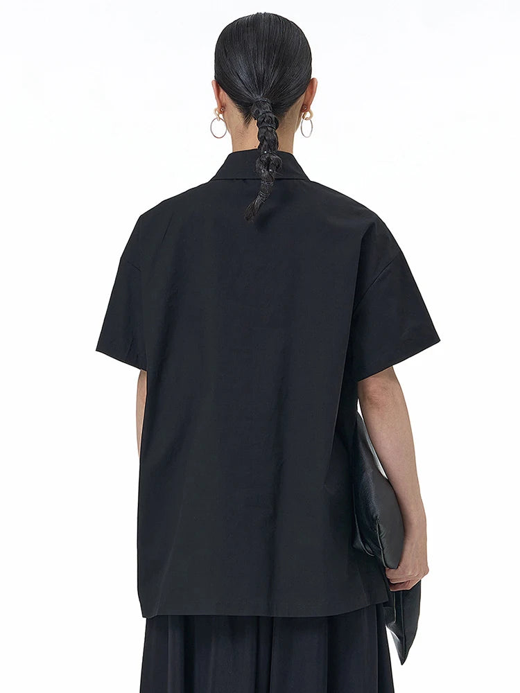 Women Black Appliques Irregular Big Size Casual Blouse New Lapel Short Sleeve Shirt Fashion Spring Summer 2025 1DJ1501