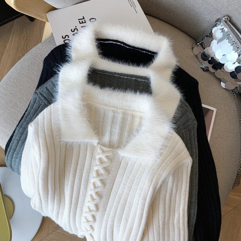 French Fashion Women Black Beige Patchwork Elegant Long Sleeve Sweaters 2024 New Autumn Winter Vintage Lace-up Knit Cotton Tops