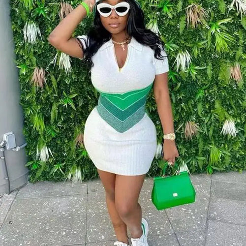 Load image into Gallery viewer, Korean Fashion Blue Green Rose Red Stripe Patchwork Short Sleeve Knitted Short Dress Women's Summer Elegant Slim Mini Dress Chic
