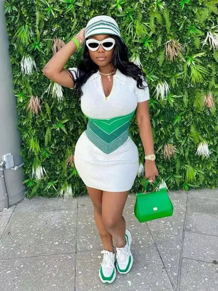 Korean Fashion Blue Green Rose Red Stripe Patchwork Short Sleeve Knitted Short Dress Women's Summer Elegant Slim Mini Dress Chic