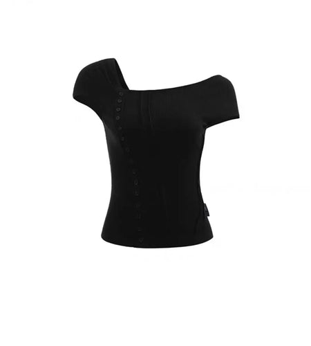 2024 Ropa Mujer Tshirts Women Slash Neck Short Sleeve Tees Crop Tops Fashion Summer T Shirts Single Breasted Black Y2k T-shirt