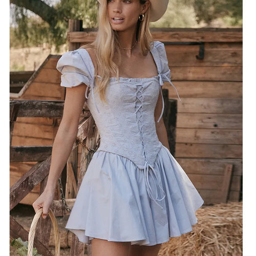 Load image into Gallery viewer, Fashion New Product Bubble Sleeves Square Neck Dress Slim Lace Up Princess Dress Two Piece Set Elegant Sweet Female Set
