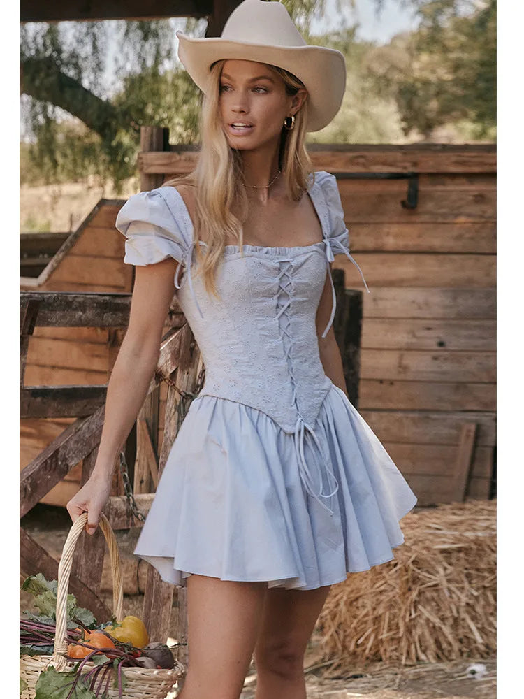 Fashion New Product Bubble Sleeves Square Neck Dress Slim Lace Up Princess Dress Two Piece Set Elegant Sweet Female Set