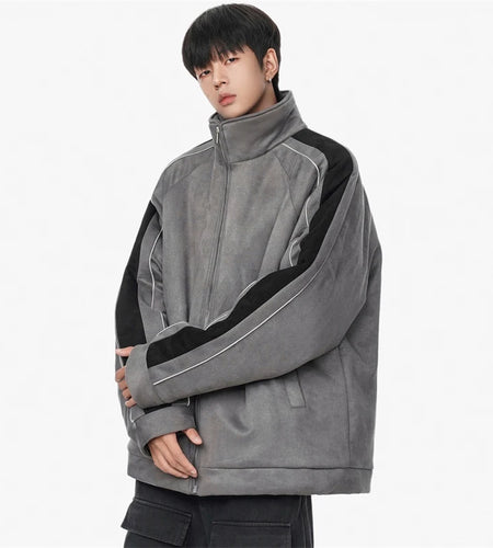 High Street Men's Padded Jackets Stand Collar Suede Fabric Patchwork Contrast Color Casual Male Clothing American 9C8544