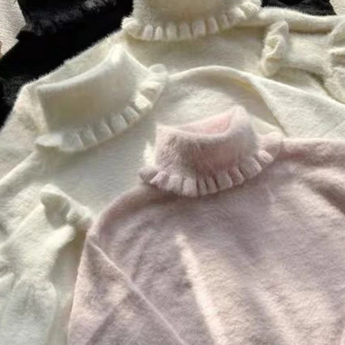 Load image into Gallery viewer, Soft Basic Pullover Women Japanese Ruffle Turtleneck Puff Sleeve Sweater Jk Lolita Inside Jumper  Fairy Sueter Top
