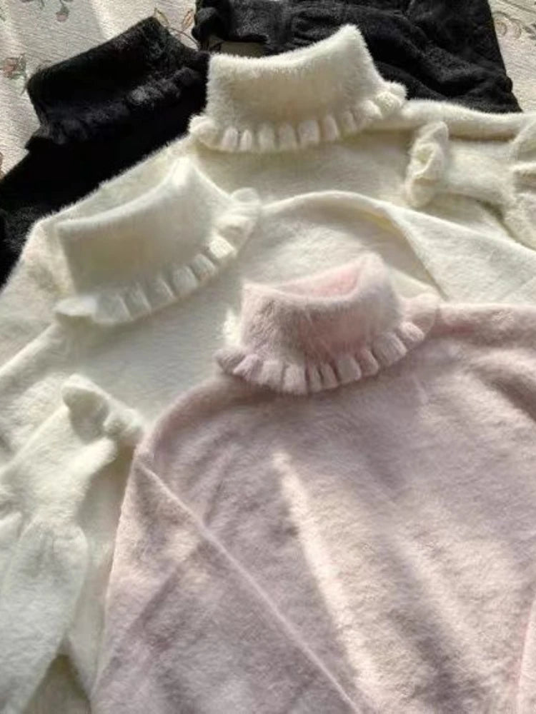 Soft Basic Pullover Women Japanese Ruffle Turtleneck Puff Sleeve Sweater Jk Lolita Inside Jumper  Fairy Sueter Top