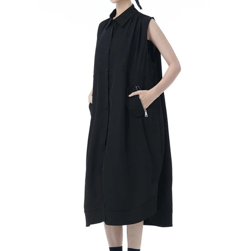 Load image into Gallery viewer, Women Dark Gray Zipper Pocket Big Size Midi Shirt Dress New Lapel Sleeveless Fashion Tide Spring Summer 2025 1DJ0950
